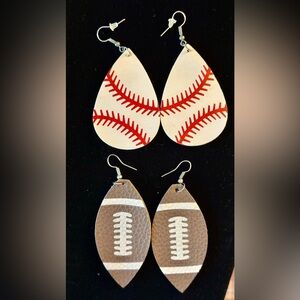 Baseball and Football Leather Dangle Wire Pierced Earrings. Handmade